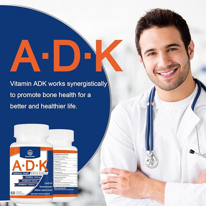 ADK Vitamin Supplement 20000 IU - High Potency Vitamins A D3 and K1 for Heart Bone Health and Immune Support Vitamin ADK 180 Capsules