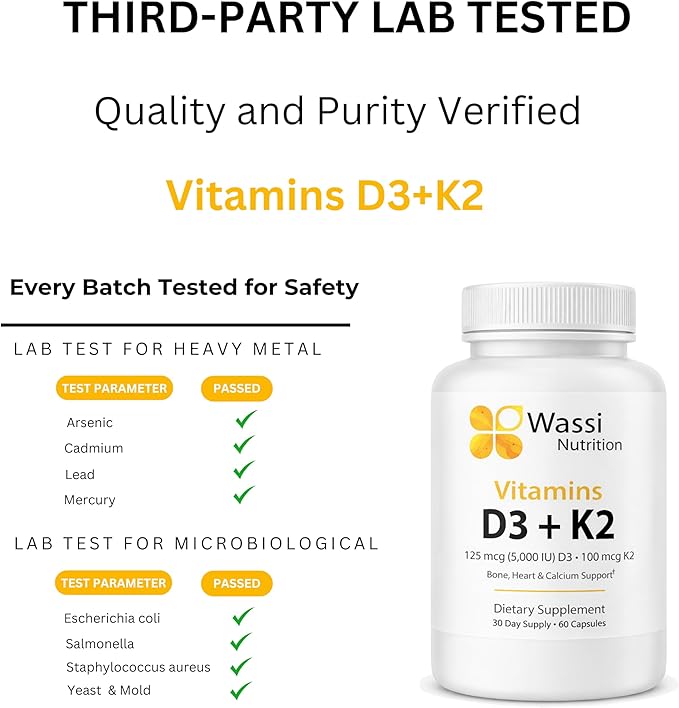 Vitamin D3 + K2 (MK-7) Capsules 5000 IU Vitamin D3 with Calcium &amp BioPerine® Bone &amp Heart Support Formula Non-GMO Gluten-Free 60 Capsules