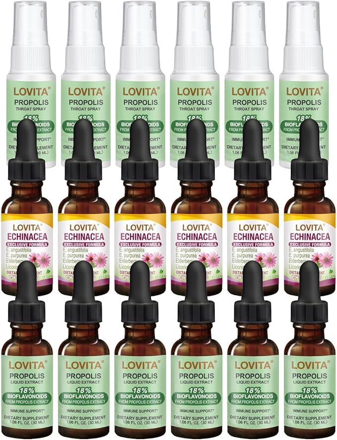 LOVITA 18-Piece Premium Wellness Bundle - 6 Propolis Drops 6 Sprays &amp 6 Echinacea Liquids Complete Respiratory Support (18 Pc)