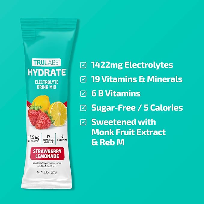 TRULABS Hydrate - Strawberry Lemon Bag of 16. Sugar Free Electrolytes Hydration Packets. Each Serving Contains 1422 mg of Electrolytes &amp19 Vitamins &amp Minerals
