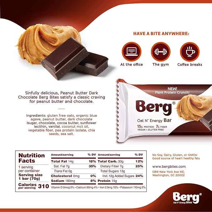 Berg Oat N' Energy Bar | Peanut Butter &amp Dark Chocolate | Plant Based Protein Bar | Non-GMO Gluten Free Nut Free and Vegan | Low Sugar Healthy Snack Bar | High Fiber | On The Go | 2.5oz (8 Pack
