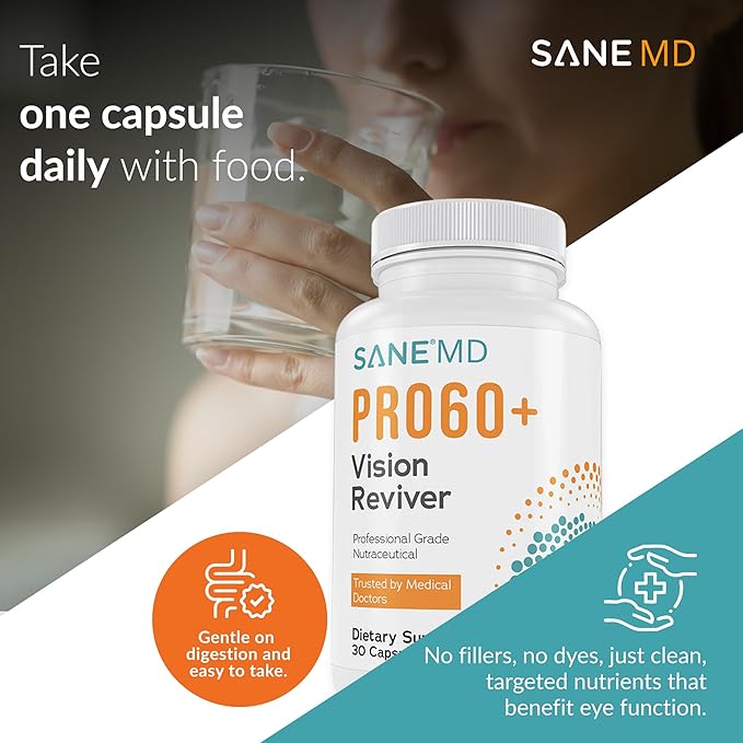SANE MD PRO60+ Vision Reviver™ – Eye Supplement for Adults 60+ with Lutein Zeaxanthin &amp Astaxanthin – 30 Capsules