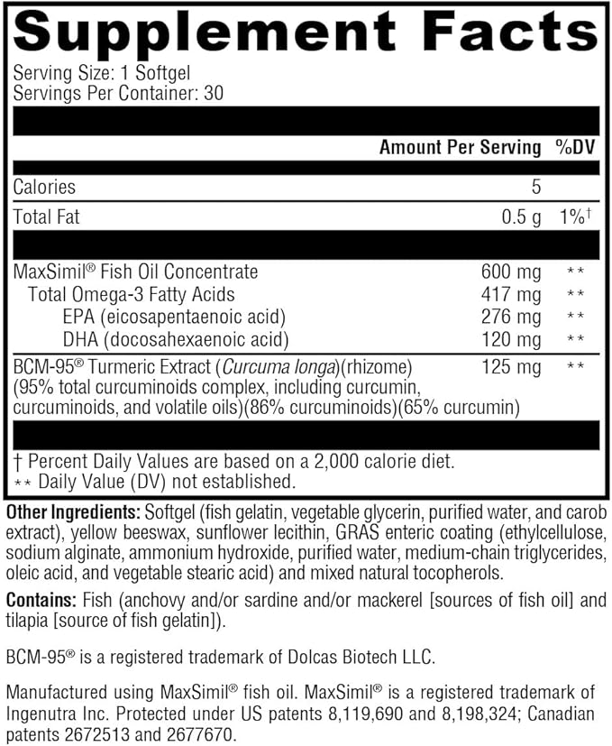 XYMOGEN Omega MonoPure Curcumin EC - Fish Oil with Enhanced DHA EPA Absorption + Turmeric Extract - Omega-3 Supplement for Cytokine Balance Support (30 Softgels)