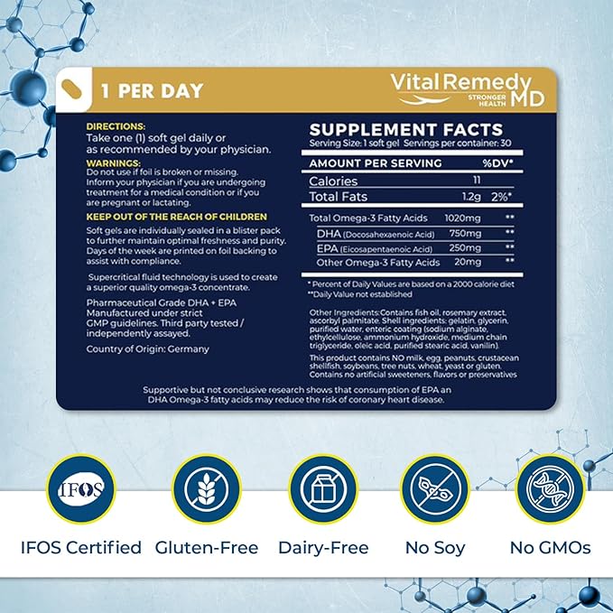 VitalOils1000 - Omega-3 Fish Oil 1200mg(750 DHA+450 EPA). IFOS 5-Star. Non-GMO &amp Gluten-Free. No Fishy Aftertaste. High Absorption Brain Heart Prenatal Support 30 Blister-Sealed Caps Made in