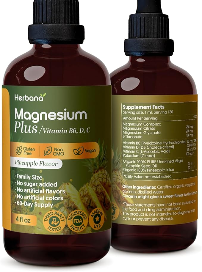 Magnesium Plus Pineapple Flavor - Magnesium Citrate Glycinate/L-threonate &amp Vitamin B6 D C/Liquid Drops Supplement 4 fl oz - Advanced Complex - 60-Day Supply
