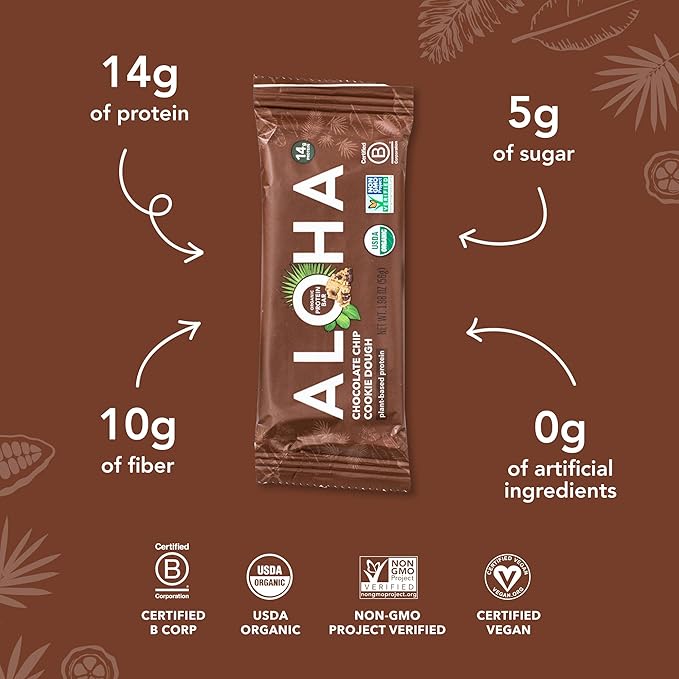 Aloha Organic Plant Based Protein Bars Chocolate Chip Cookie Dough 1.98 Oz(Pack of 12)