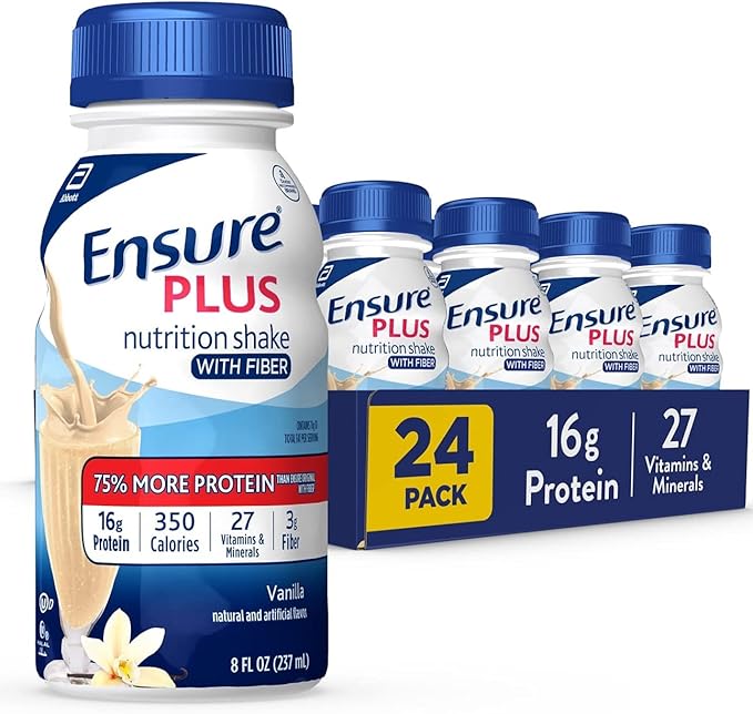 Ensure Plus Nutrition Shake with 16 Grams of Protein &amp Ensure Plus Liquid Nutrition Shake with Fiber 16 Grams of Protein Vanilla 8 Fl Oz Bottle (Pack of 24)
