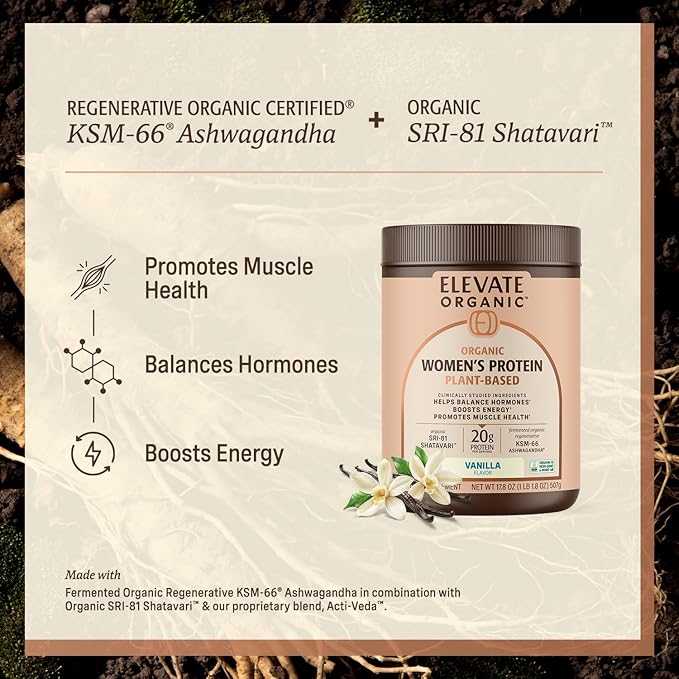 Women’s Plant Protein Powder Vanilla Pea Protein with KSM-66 Ashwagandha® Organic SRI-81™ Shatavari &amp Acti Veda™ (20g Protein)