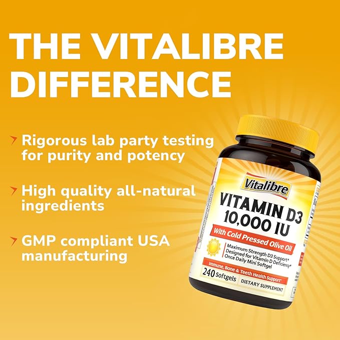 Maximum Strength Vitamin D3 10000 IU (250mcg) Highly Bioavailable with Cold Pressed Olive Oil Immune Bone &amp Teeth Health Support No Soy Sunshine Vitamin 240 Mini Softgels