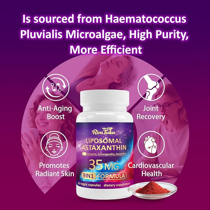 Liposomal Astaxanthin Supplement Complex 9-in-1 with Ashwagandha Lycopene Zeaxanthin Antioxidant Supplement Support Eye Skin &amp Joint Health 240 Capsules
