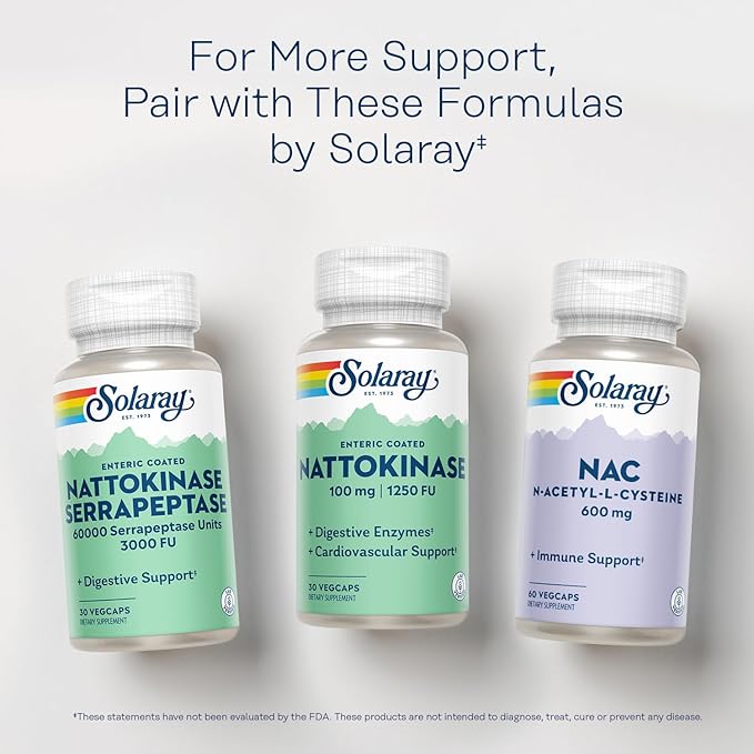 SOLARAY Nattokinase Supplement 1250 FU for Men &amp Women - Digestive Natto Enzymes Heart Health &amp Circulation Support Nattokinase Capsules 100 mg Enteric Coated - 30 Veg Caps