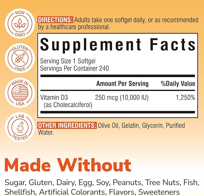 Maximum Strength Vitamin D3 10000 IU (250mcg) Highly Bioavailable with Cold Pressed Olive Oil Immune Bone &amp Teeth Health Support No Soy Sunshine Vitamin 240 Mini Softgels