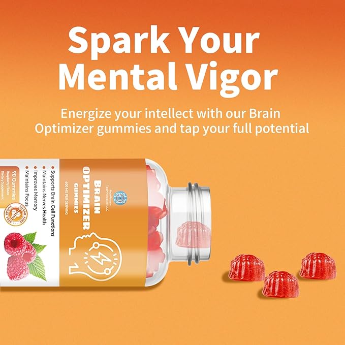 Gummies - Brain Supplement for Memory Focus &amp Attention - Cognitive Support with Magnesium Omega 3 Ashwagandha - 90 Count Raspberry Flavor