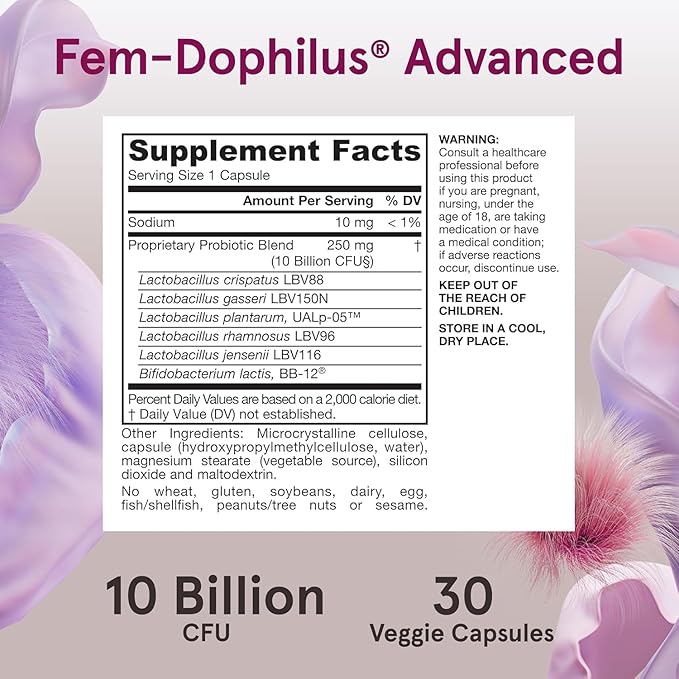 Jarrow Formulas Fem-Dophilus Advanced Vaginal &amp Digestive Probiotics 10 Billion CFU for Vaginal Urinary Tract Digestive &amp Immune Support 30 Capsules (Pack of 2)