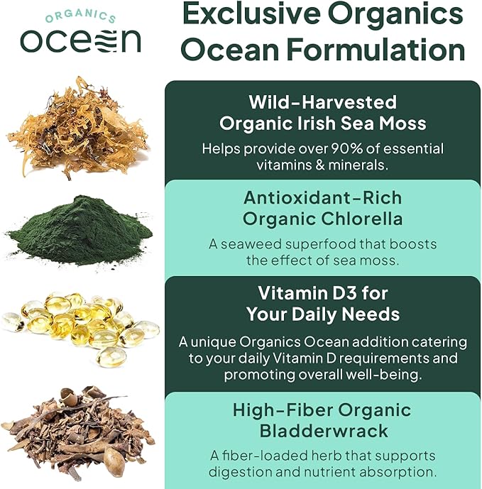 Organics Ocean Wild Sea Moss Capsules - 100% Organic Irish Sea Moss with Organic Chlorella Bladderwrack and Vitamin D for Energy Lung Health and Thyroid Support for Women and Men - 60 Capsules