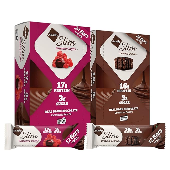 NuGo Slim Variety - Brownie Crunch 12 Bars &amp Raspberry Truffle 12 Bars Low Net Carb Keto Friendly Gluten Free 24 Count