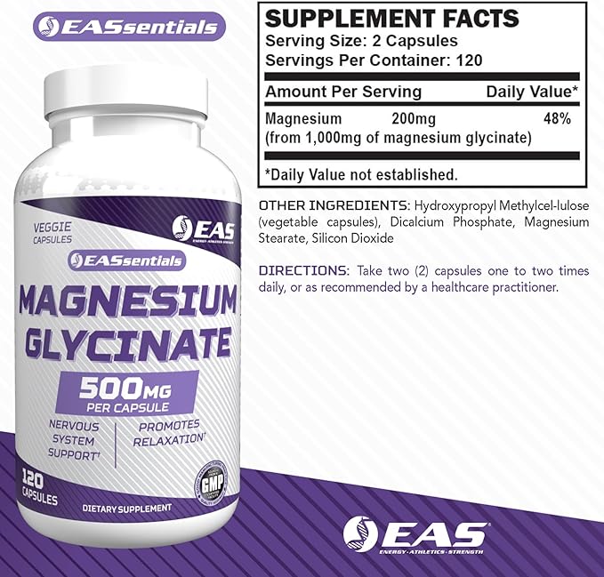EAS Magnesium Glycinate 500mg | Nervous System &amp Muscle Function | Relaxation Support | Easy to Digest | Gluten Free Non GMO Vegetarian | 120 Veggie Capsules
