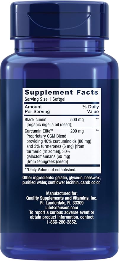 Life Extension Black Cumin Seed Oil and Curcumin Elite Black Cumin Turmeric Extract Immune Health Support high bioavailability Whole-Body Health Gluten Free Non-GMO 60 softgels