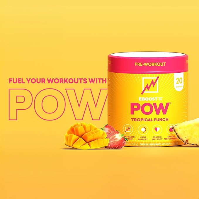 EBOOST POW Natural Pre Workout Powder – 20 Servings - Tropical Punch - A Pre Workout Supplement for Performance Joint Mobility Support Energy Focus - Men &amp Women - Non-GMO Gluten-Free No Crea