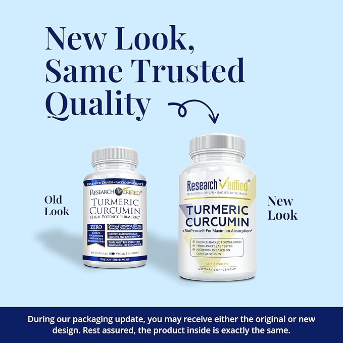 Research Verified Turmeric Curcumin Supplement with Black Pepper (BioPerine) - High Potency Curcumin -Antioxidant Joints &amp Daily Wellness - 60 Vegan Turmeric Capsules - Made in USA - 6 Month Supp