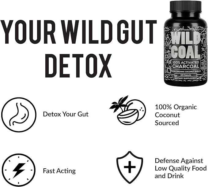 Wild Foods Activated Charcoal Capsules | 100% Organic Coconut Shells Active Tablets for Bloating Relief | Lab Tested &amp Non-GMO Detox Pills | USA (Two Bottles - 120 Capsules)