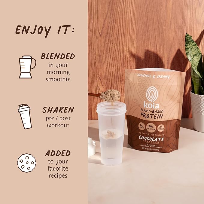 Koia Plant Based Protein Powder Chocolate 20g Protein 3g Sugar 6g Prebiotic Fiber Pre &amp Post Workout 21 Vitamins &amp Minerals No Seed Oils Dairy-Free Gluten-Free Non-GMO 20 Servings