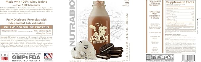 NutraBio Grass Fed Whey Isolate Protein Powder - 25G of Protein per Scoop - Sugar Free Natural Lean Muscle Supplement - Ice Cream Cookie Dream - 2 Pounds 29 Servings