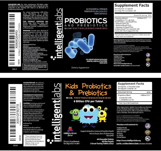 Intelligent Labs 2-in-1 Bundle of Kids Probiotics (6 Billion CFU with Hydrolyzed Guar Gum and FOS) + Adult Probiotics (50 Billion CFU 10 Strains) No Refrigeration Needed 2 Months Supply Per Bottle
