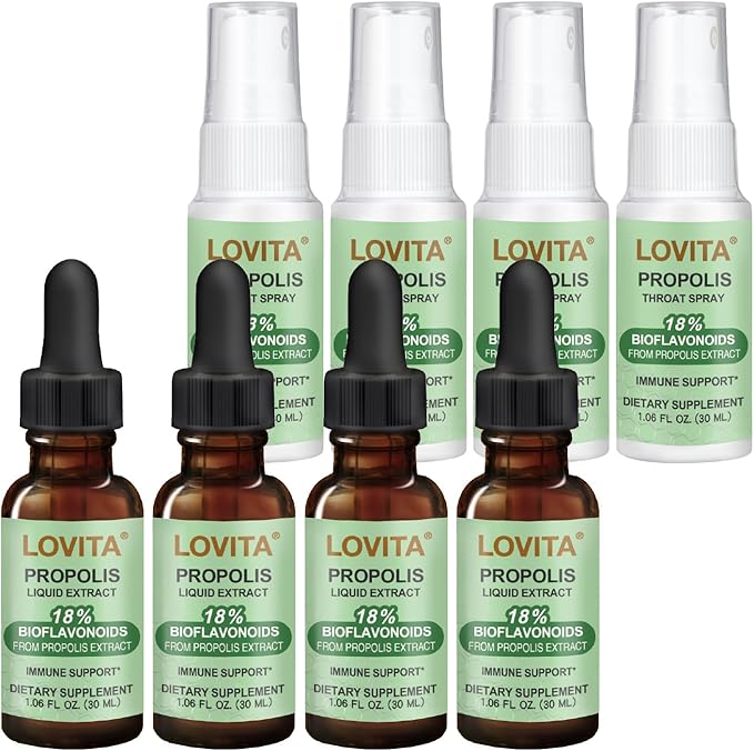 LOVITA 8-Pack Propolis Value Bundle - 4 Liquid Extract Drops &amp 4 Throat Sprays Alcohol-Free Resin Extract Immune &amp Respiratory Support (8 Pc)