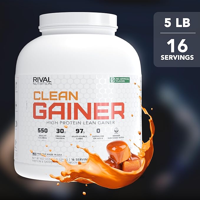 RIVAL NUTRITION Clean Gainer Protein Powder – 5LB Salted Caramel – High Protein Lean Mass &amp Weight Gainer | 550 Calories 30g Protein 97g Multi-Source Carbs No Artificial Ingredients – 16 Servin