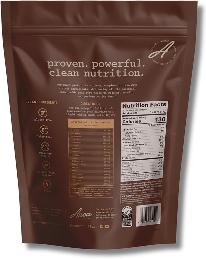 Anea Plant Protein - Chocolate | 20g Vegan Protein | Complete Amino Acids | Dairy-Free Gluten-Free Cholesterol-Free | Rich Chocolate Flavor | Made in GMP Facility