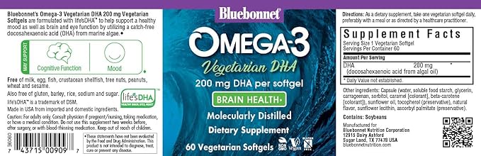 Bluebonnet Natural Omega-3 Vegetarian DHA Vegetarian Softgels 200 mg 60 Count ('743715009097)