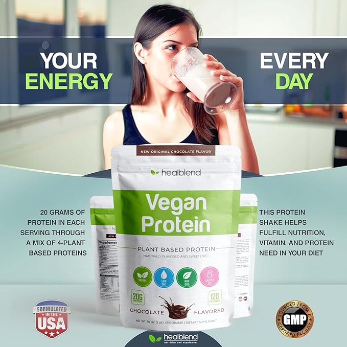 healblend Plant-Based Protein Powder Vegan Dietary Supplement - Gluten-Free Non-GMO Erythritol-Free Soy-Free Dairy-Free Pea Protein for Women and Men