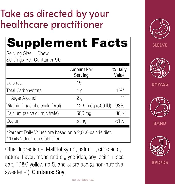 Bariatric Advantage Calcium Citrate Chewy Bites 500 mg - Highly Absorbable &amp Digestible - Vitamin D3 - Easily Chewable Calcium Supplement - Lemon Flavor - 90 Count