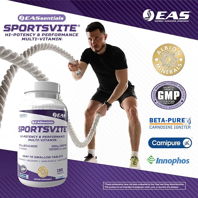 EAS SportsVite High Potency Multivitamin for Athletes | Vitamin &amp Mineral Nutrient Blend | 2300mg Beta Alanine 2000mg Carnitine Tartrate | 180 Tablets