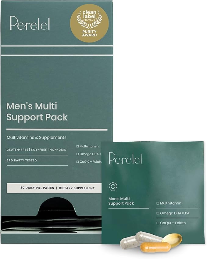 Perelel Men’s Multi Support Pack Daily Multivitamin with Magnesium Omega 3 CoQ10 &amp Folate Nutritional Support for Men’s Wellness Soy &amp Gluten Free Non GMO 30 Daily Pill Packs