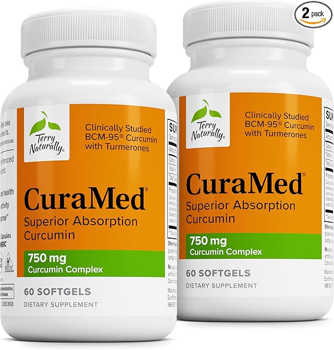 Terry Naturally CuraMed 750mg - Antioxidant Supplement for Brain &amp Heart Health - Supplement with High-Potency Curcumin Complex - Kidney Liver &amp Immune Health Support - 60 Softgels (Pack of 2