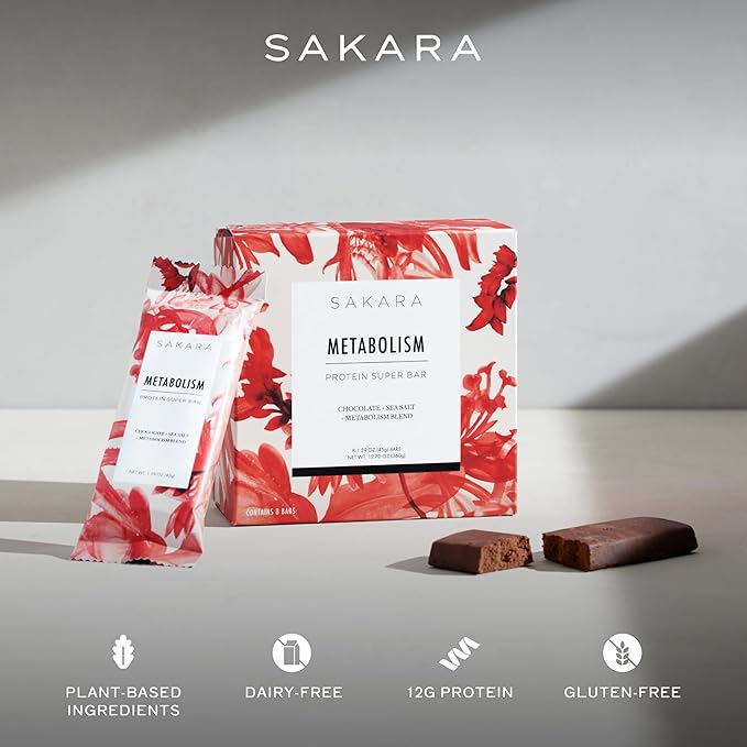 SAKARA Metabolism Super Bar – Healthy Nutritious Vegan Protein Bars Clean Ingredients Low Sugar Gluten-Free On-the-Go Snacks with 9g Fiber Sea Salt Chocolate 12g Plant-Based Protein