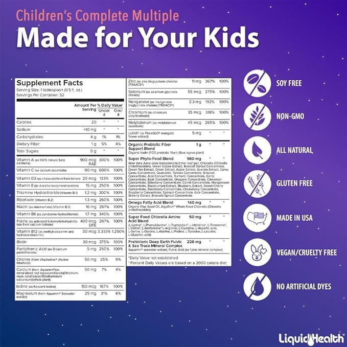 LIQUIDHEALTH Children's Complete Multivitamin &amp Attention Teens &amp Kids Liquid Vitamin Bundle for Children - Immune Support Improve Focus Concentration Boost Mood - Vegan Non-GMO Made in U