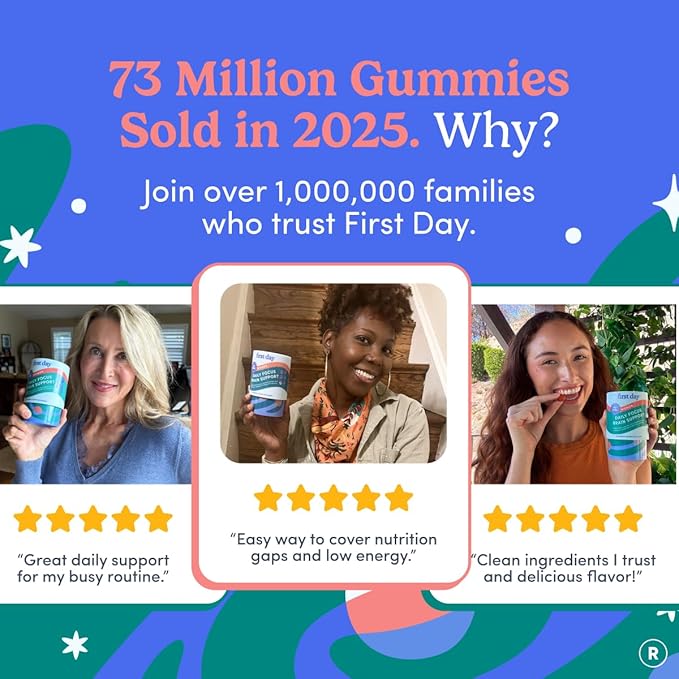 FIRST DAY Women’s Brain Gummies for Focus Memory &amp Clarity | Cognizin® Citicoline + Phosphatidylserine | Natural Sustained Energy Peach Flavor Vegan Non-GMO | 30-Day Supply