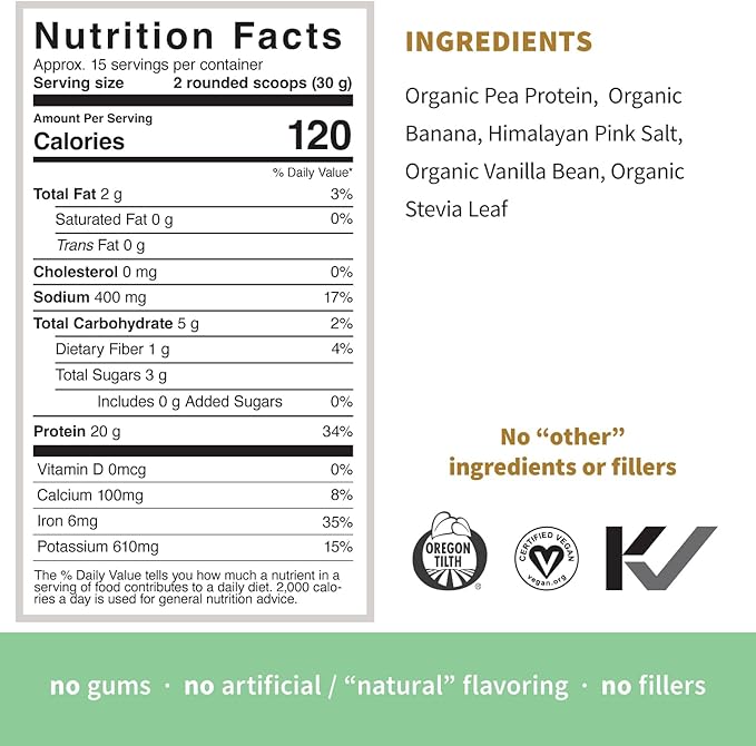 Sprout Living Organic Pea Protein Powder Vanilla Flavor 20 Grams of Plant Based Organic Protein Powder Without Sweeteners Non Dairy Non-GMO Dairy Free Vegan Gluten Free (1 Pound 15 Servings)