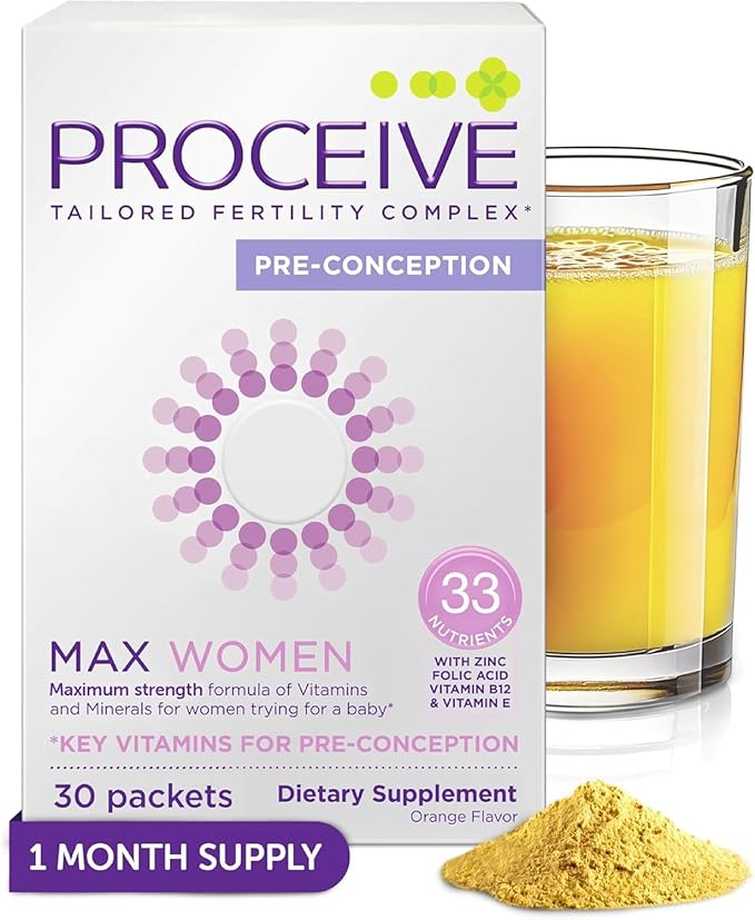 Proceive Max Tailored Fertility Supplement for Women Pre Conception Vitamins Minerals and Amino Acids with Vitamin D Zinc Myo Inositol and Folate 30 Vegan Drink Mix Packets Orange Flavor