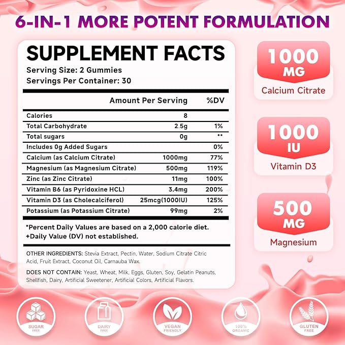2 Pack Calcium Citrate Gummies 1000mg w/Vitamin D3 High Absorption Calcium Gummies for Women &amp Men Plus Magnesium Potassium Zinc for Muscle &amp Immune Support Raspberry Flavor 120 Count