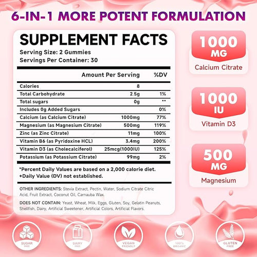 2 Pack Calcium Citrate Gummies 1000mg w/Vitamin D3 High Absorption Calcium Gummies for Women &amp Men Plus Magnesium Potassium Zinc for Muscle &amp Immune Support Raspberry Flavor 120 Count