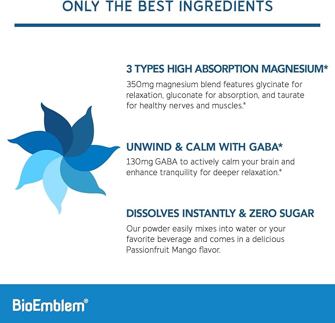 BioEmblem Triple Complex Magnesium Powder Drink - 350mg High Absorption Magnesium Glycinate Gluconate Taurate &amp GABA for Rest Sleep &amp Brain Health - Passionfruit Mango Flavor - Vegan(90 Se