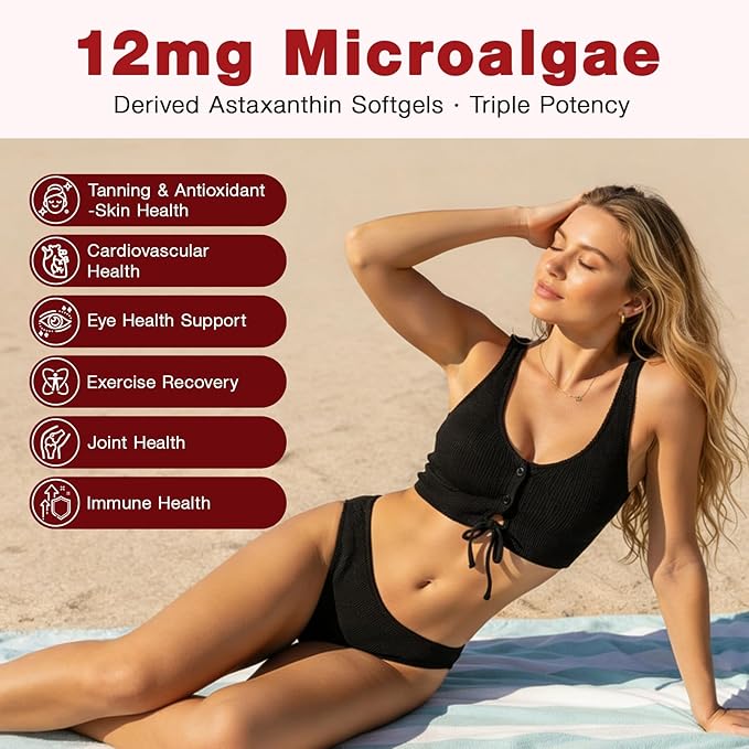 Astaxanthin 12mg 150 Softgels - 5 Month Supply Astaxanthin Supplements Sourced from Fresh Microalgae Non-GMO Gluten Free Easy to Swallow