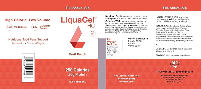 LiquaCel HC High-Calorie High-Protein Drink Fruit Punch Flavor 250 Calories &amp 20g Protein per Serving Gluten Free Kosher Suitable for Lactose Intolerance 2.75 fl oz Bottle 30ct Case