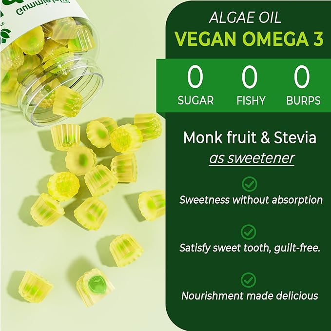 Omega 3 Gummies 2200mg from Algae Oil (DHA 640mg &amp EPA 290mg) for Women &amp Men Vegan Omega 3 Fish Oil Alternative w/CoQ10 Astaxanthin Vitamin A E D3 for Brain Eye AntioxidantSugar Free