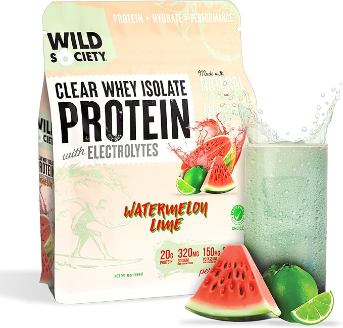 WILD SOCIETY - Clear Protein Powder + Electrolytes - 20g Clear Whey Protein Isolate Drink - Zero Sugar - 0g Lactose - Natural Flavors &amp Colors - Muscle Post Workout Recovery - Watermelon Lime 16