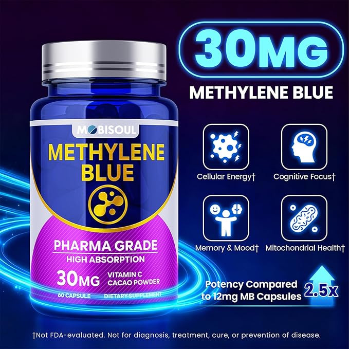 Methylene Blue Capsules 30mg USP Pharma Grade Methylene Blue Supplement with Vitamin C &amp Organic Cacao High Absorption Support - 60 Capsules